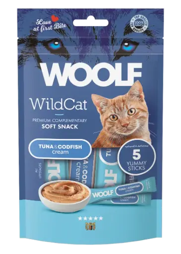 [4DC0050085] Woolf Wildcat Regular Cream : Tuna & Codfish - 5 Stuks
