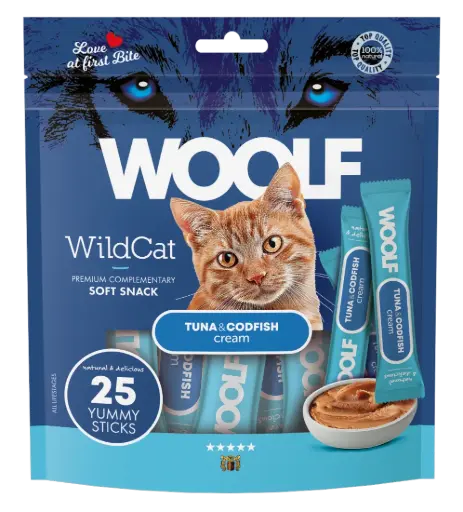 [4DC0050089] Woolf Wildcat Regular Cream : Tuna & Codfish - 25 Stuks